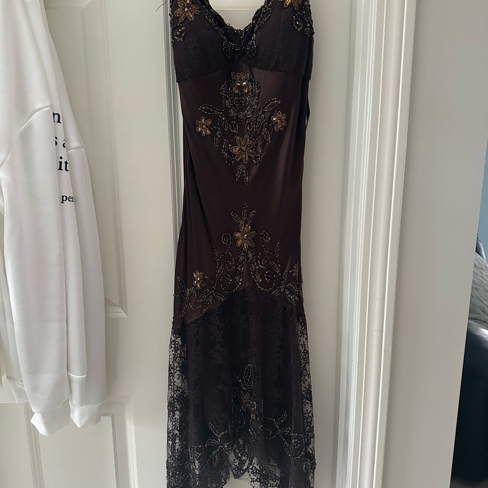 Cache Brown Embellished Sleeveless Midi Dress